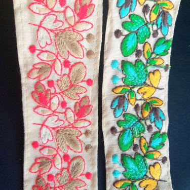 Beige Fabric Trim, Floral Embroidery in Red And Beige / Green And Yellow, Approx. 45mm- 210119L39/40